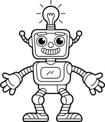 Black and White Line Art Robot with Light Bulb Head, Happy and Waving, for Coloring and Technology Themes.