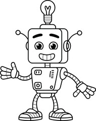 Black and White Line Art Robot with Light Bulb Head, Happy and Waving, for Coloring and Technology Themes.