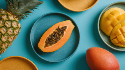 Top View of Sliced Papaya, Mango, and Pineapple