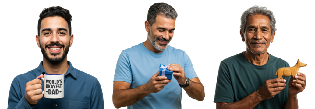 Multigenerational Male Portraits with Objects: Young Adult, Middle-Aged, and Senior Men Holding Unique Items