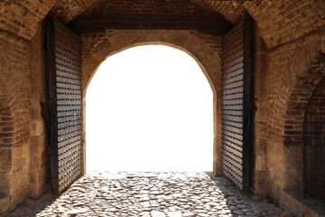 mock-up. exterior View from the ancient stone window, Medieval stone arch, mockup. Arch in stone wall. window, arch at the entrance of temple, church. mock up. door frame in a stoned wall. isolated