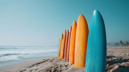Bright Surfboards Standing on Sandy Beach