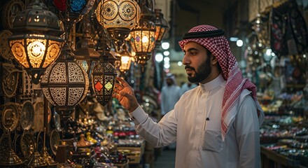 Arabian Man Browses Intricate Lanterns in a Vibrant Souk