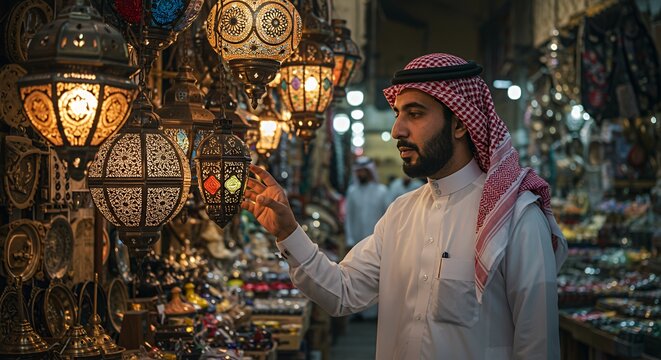 Arabian Man Browses Intricate Lanterns in a Vibrant Souk