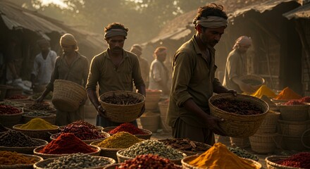 Golden Hour Spice Market: Men Carry Baskets of Aromatic Spices