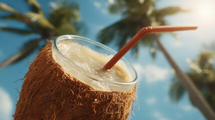 Fresh Coconut Drink with Straw on Beach