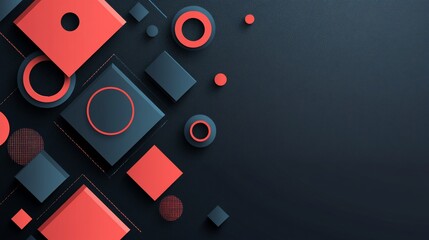 Minimalist geometric design featuring squares and circles in red and dark blue colors
