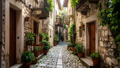 Naklejka premium Sunlit cobblestone alleyway in a historic village, lined with stone buildings, overflowing flowerpots, and verdant plants, creating a charming, secluded atmosphere