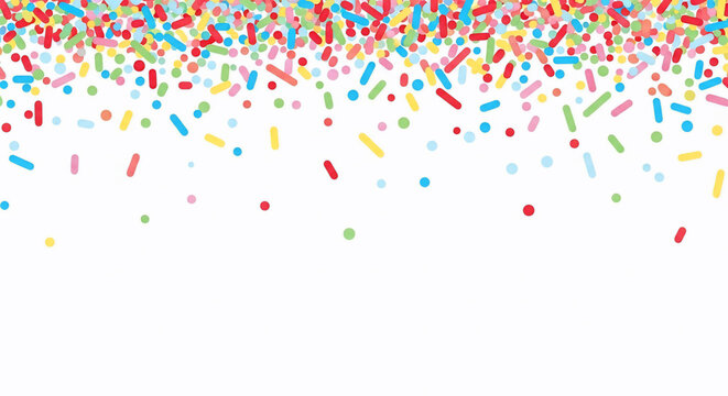 A vibrant and playful abstract background featuring colorful candy sprinkles cascading from the top of a crisp white canvas. This festive design evokes a sense of joy and celebration, perfect for