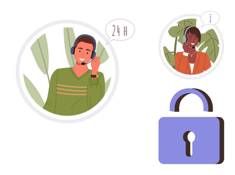 Two customer support representatives with headsets and speech bubbles beside a security padlock. Ideal for customer service, technical support, 247 assistance, security, privacy, communication