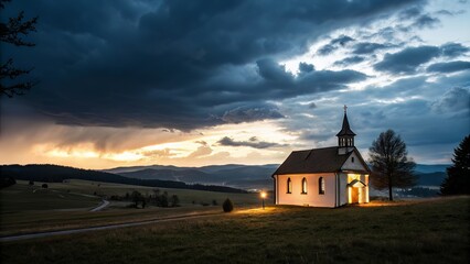 Dramatic Countryside Church Scene Lit Beneath Mountain Shadows