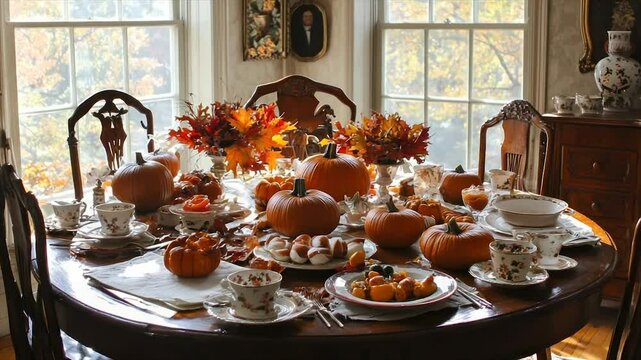 Autumnal harvest table setting with pumpkins, fall foliage, and antique china