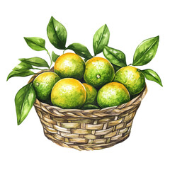 Calamansi Fruit Basket, watercolor clipart vector, isolated on a white background.