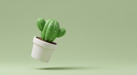 Floating Green Cactus in White Pot on Minimalistic Green Background variation 4