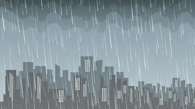 Animation of a heavy rainstorm falling over a dark city skyline with thunderclouds in the background. Ideal for weather, storm, or dramatic cityscape scenes.