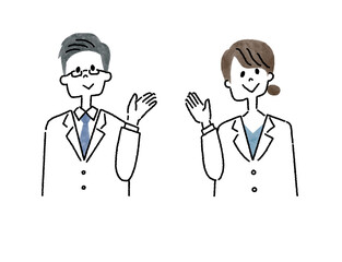 男性医師と女性医師が案内しているポーズのアイコンイラスト