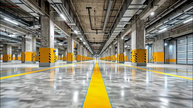 Industrial warehouse interior or parking with symmetrical perspective and reflective concrete floors showcasing modern architectural design