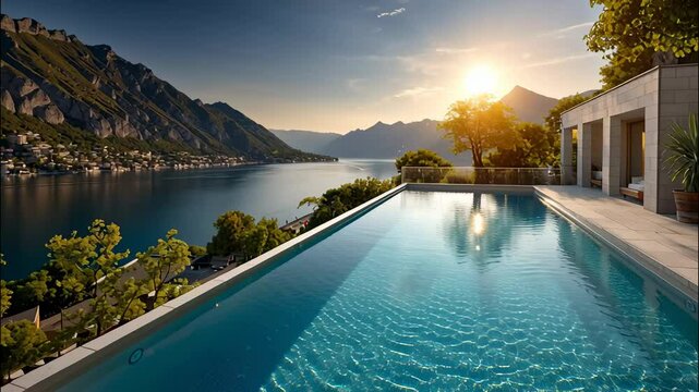 Serene infinity pool overlooking mountain lake at sunset with vibrant landscape and calm atmosphere