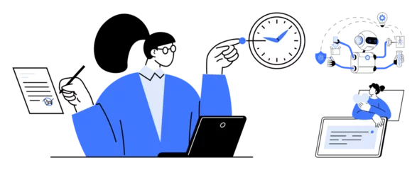 Fotobehang Person writing near laptop, clock for time management, AI robot showcasing automation, and a tablet for digital documentation. Ideal for productivity, technology, innovation, efficiency, work-life © robu_s