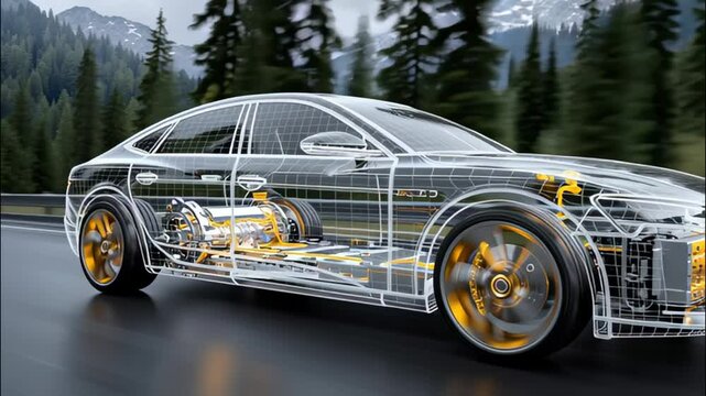 Transparent electric car design showcasing batteries, advanced engineering and motion on scenic mountain road