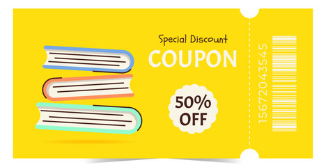 Modern gift voucher template with books. Design for promotions, discounts, rewards and marketing materials. Flat vector illustration