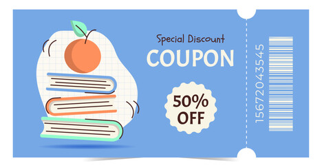 Modern gift voucher template with apple and books. Design for promotions, discounts, rewards and marketing materials. Flat vector illustration