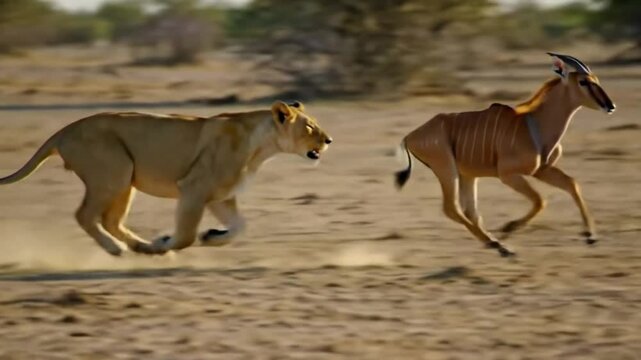 Lioness in hot pursuit of an antelope across the dry African savanna, showcasing a thrilling predator-prey dynamic in the wild.