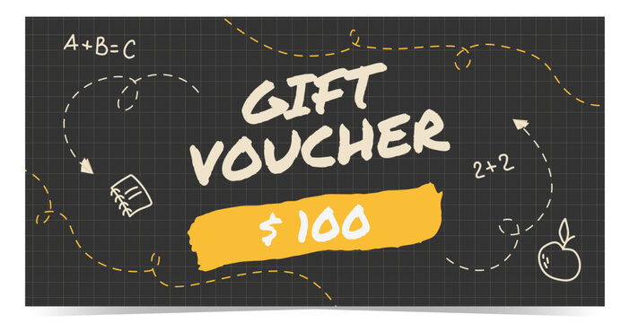 Gift voucher template with handwritten school elements in doodle style as frame around. Black chalkboard and checkered paper on background. Vector illustration. Back to school theme