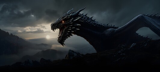 A haunted gothic dragon perched on a wind-swept hill, ai generatif