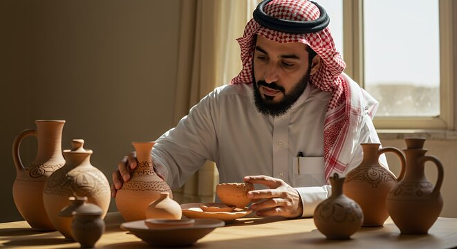 Arab Craftsman Carefully Examines His Exquisite Pottery Collection