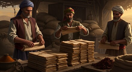 Ancient Merchants Carefully Examine and Sort Parchments in a Dusty, Sun-Drenched Warehouse