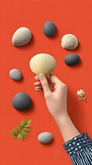 Fototapeta premium Woman's Hand Holding a Scallop Shell with Seashells and Stones on Orange Background