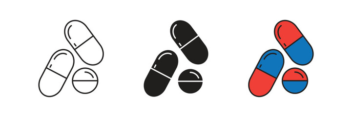Capsule and pill illustrations for healthcare designs. Ideal for pharmacy apps and medical graphics, these clear medication symbols represent medicine and treatment solutions effectively.