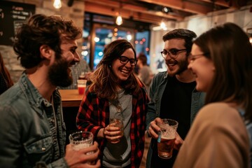 Group of friends having fun together in a pub, drinking beer and laughing