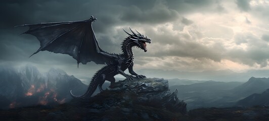 A haunted gothic dragon perched on a wind-swept hill, ai generatif