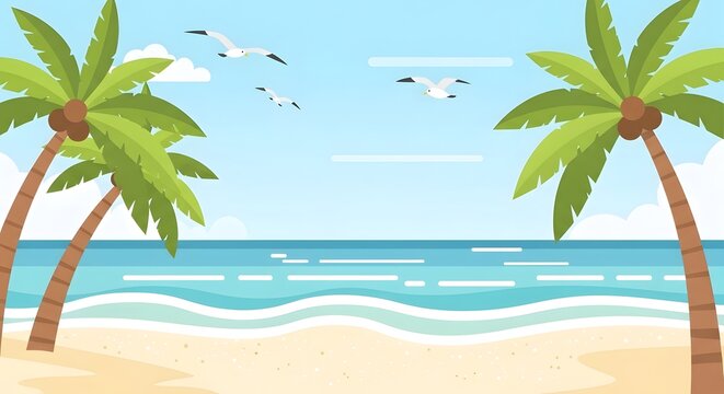 Minimalist flat illustration of a sunny beach with ocean waves, sand, palm trees, and seagulls