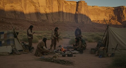 Ancient Travelers Gather 'Round a Desert Fire, Seeking Warmth and Camaraderie Under the Vast Canyon Walls.