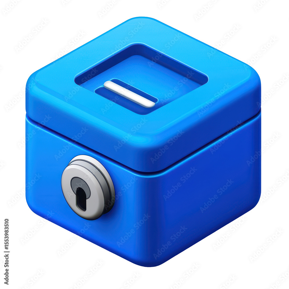 Poster a small, blue, cube-shaped box with a slot and a keyhole, suggesting secure storage