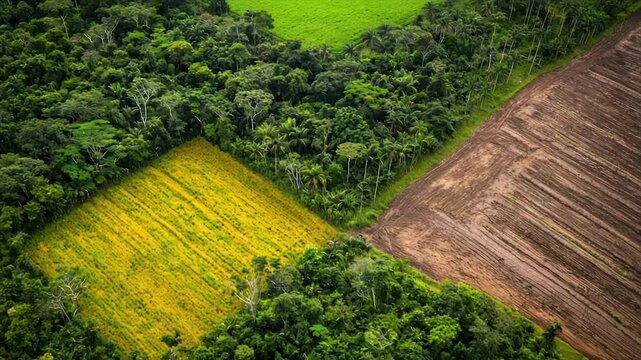 Aerial view of rainforest deforestation showing agricultural expansion