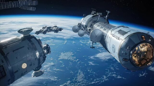 Spacecraft rendezvous orbiting Earth, showcasing a space station and multiple capsules