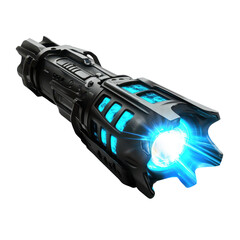 Sleek, dark gray futuristic weapon emitting vibrant cyan energy from its front, detailed with intricate mechanical designs and glowing blue accents