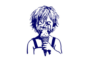 Eating Ice Cream simple hand drawn vector illustration