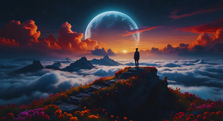 Surreal landscape with lone traveler overlooking glowing moon above clouds