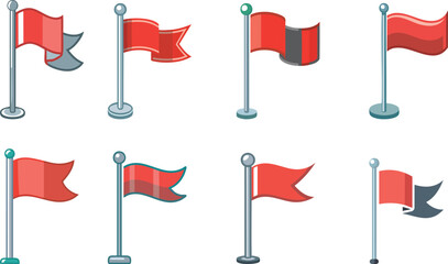 Vector Illustration of Eight Whimsical Cartoon Red Flags in a Grid Layout on Metallic Flagpoles with Unique Wave Patterns and Playful Children's Book Style

