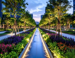Fototapeta premium Urban park pathway at dusk