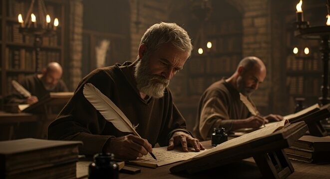 Medieval Monks Illuminate Ancient Texts in Candlelit Scriptorium