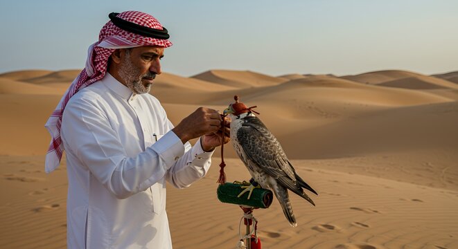 Arabian Falconer in the Desert Sands, a Timeless Tradition - Powered by Adobe