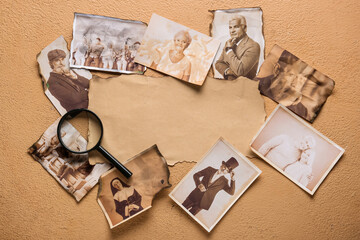 Old photos of relatives with blank paper sheet and magnifier on beige background. Concept of family...