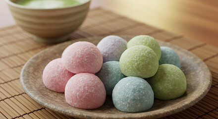 Pastel Mochi Trio on Rustic Plate with Matcha Tea
