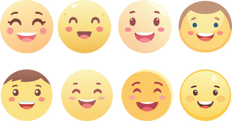 Vector Illustration of Eight Cheerful Cartoon Emoji Faces Arranged in Two Rows on a White Background with Warm Yellow Tones and Stylized Smiles for Friendly Design Themes

